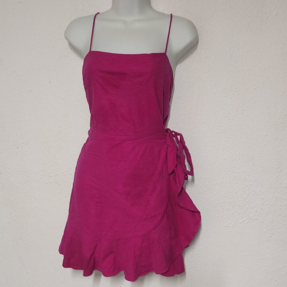 EXPRESS sleeveless dress Linen and Rayon, Fuchsia w/ tie belt, ruffles/Medium
